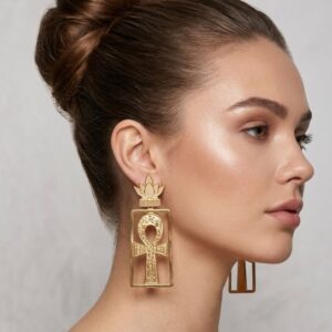 Sa7ra handcrafted gold-plated brass Ankh-Lotus statement earrings