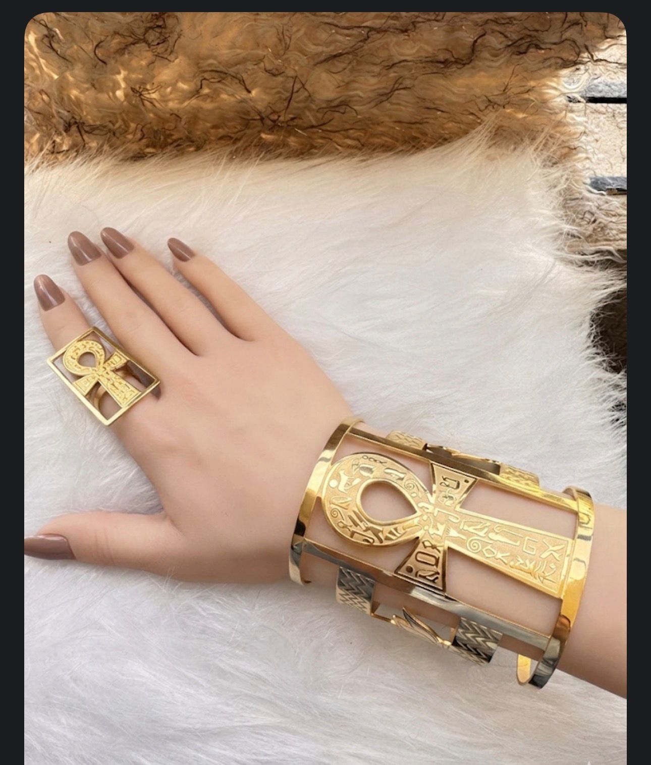 Royal Ankh Gold-Plated Brass Jewelry Set - Cuff Bracelet, Ring & Earrings - Image 11
